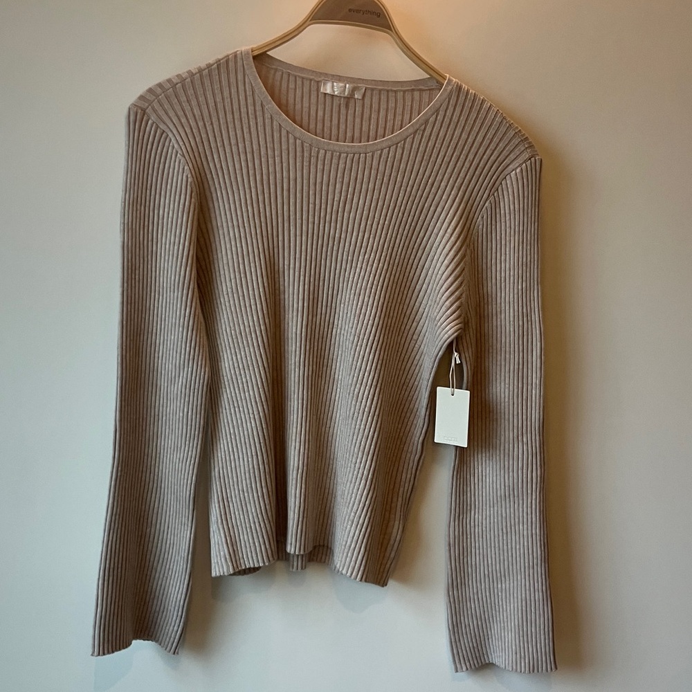 ECRU Camel Plaited Ribbed Crew Long Sleeve Top Wool Blend Women’s Size L NWT